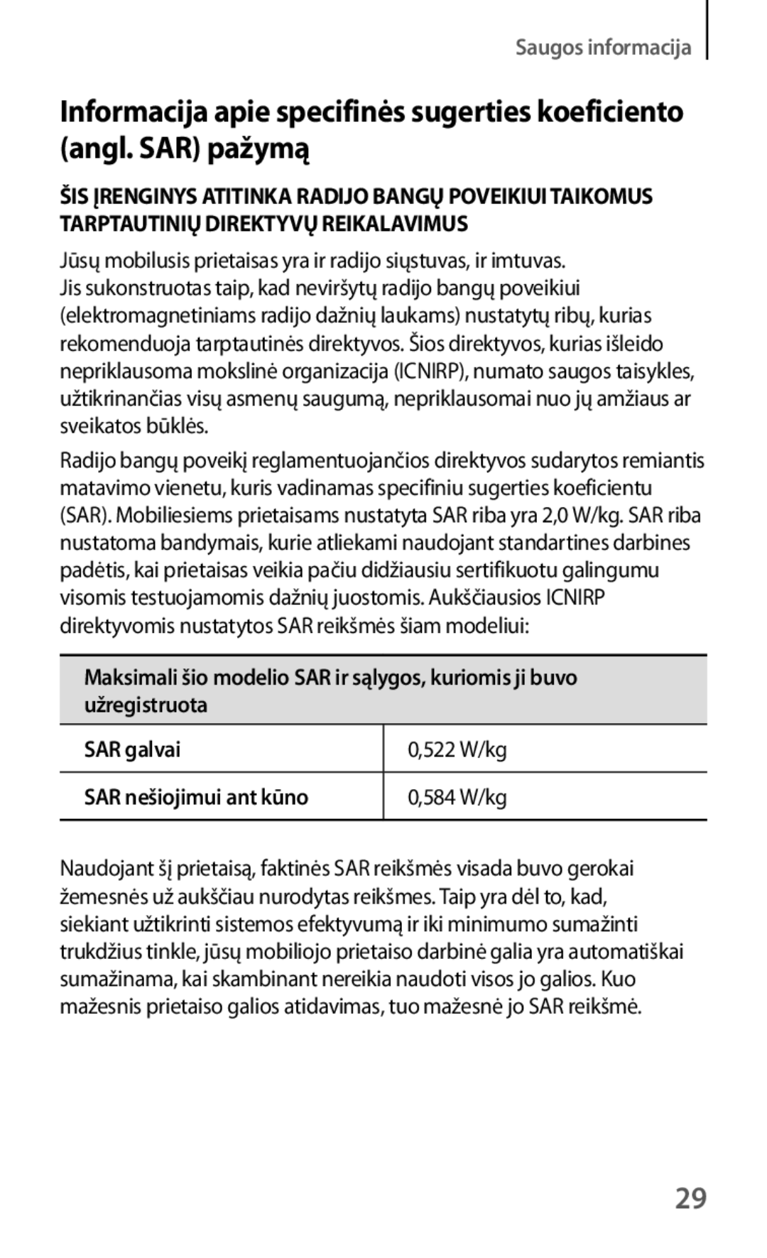 Samsung GT-I8190OKNSEB, GT-I8190ZWWSEB, GT-I8190MBNSEB, GT-I8190ZWZSEB, GT-I8190RWNSEB, GT-I8190MBASEB manual Saugos informacija 