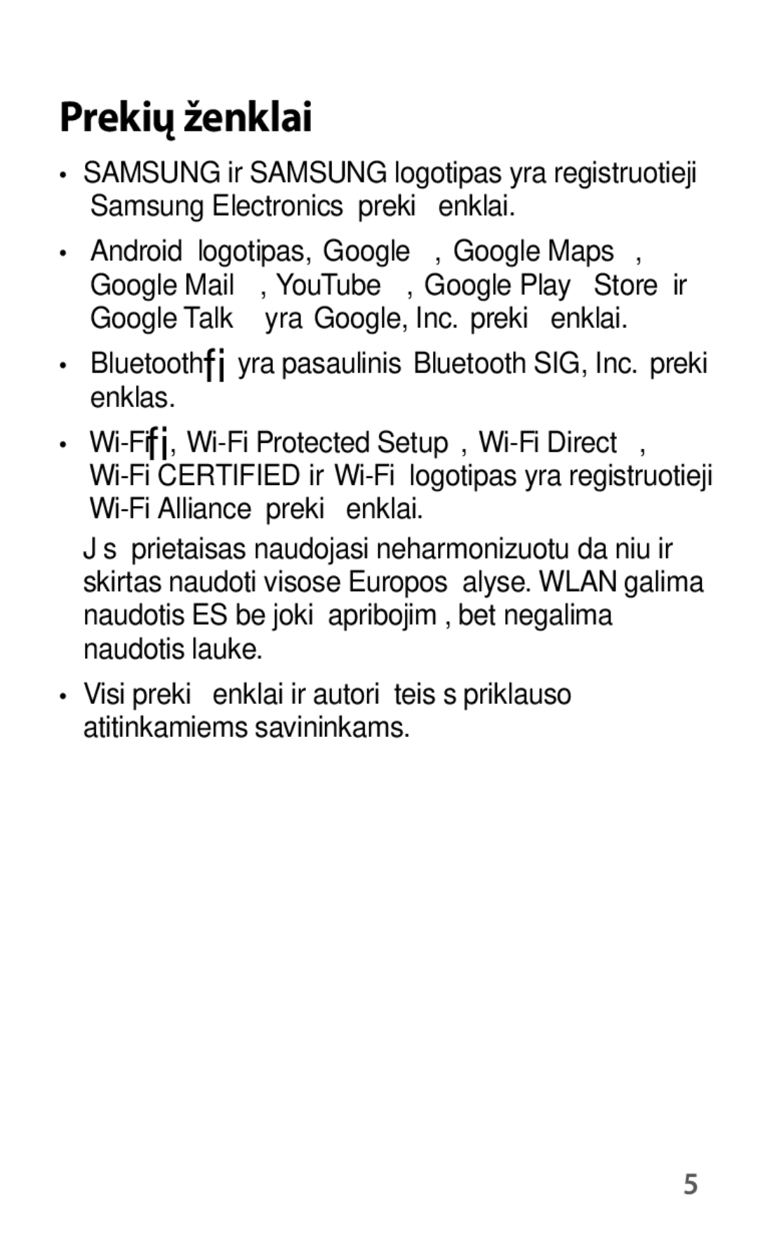 Samsung GT-I8190OKNSEB, GT-I8190ZWWSEB, GT-I8190MBNSEB, GT-I8190ZWZSEB, GT-I8190RWNSEB, GT-I8190MBASEB manual Prekių ženklai 