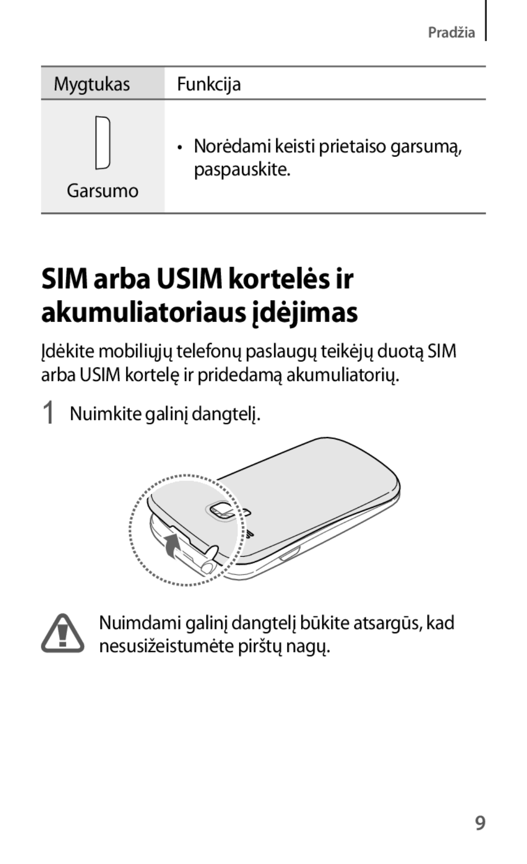 Samsung GT-I8190MBNSEB, GT-I8190ZWWSEB, GT-I8190ZWZSEB, GT-I8190RWNSEB SIM arba Usim kortelės ir akumuliatoriaus įdėjimas 