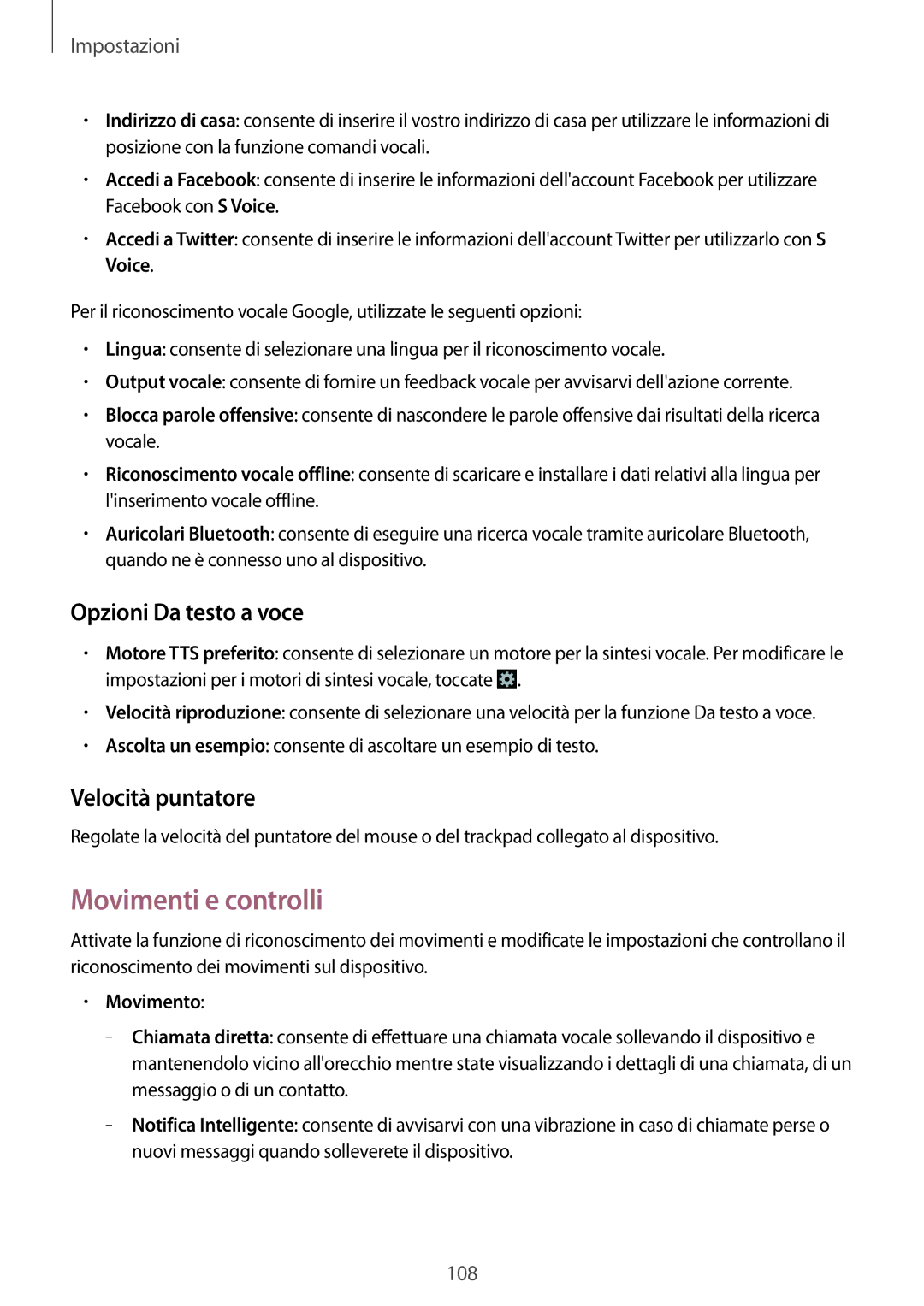 Samsung GT-I8200MBAITV, GT-I8200RWAXEO manual Movimenti e controlli, Opzioni Da testo a voce, Velocità puntatore, Movimento 