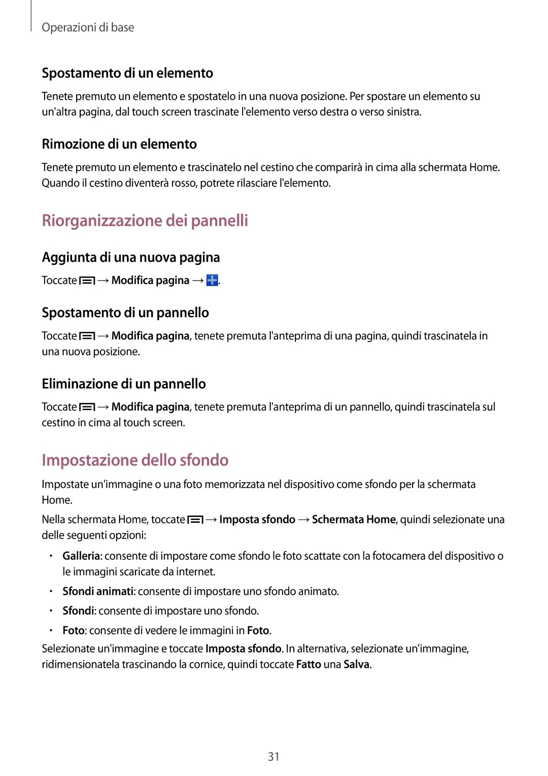 Samsung GT-I8200MBAITV, GT-I8200RWAXEO, GT-I8200RWAOMN manual Riorganizzazione dei pannelli, Impostazione dello sfondo 