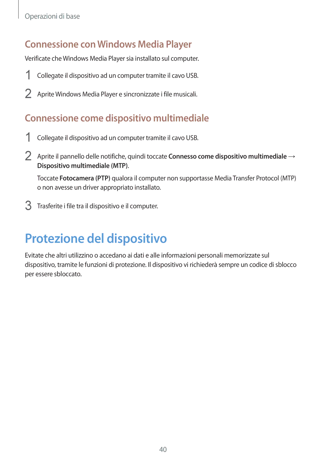 Samsung GT-I8200OKAXEO Protezione del dispositivo, Connessione con Windows Media Player, Dispositivo multimediale MTP 