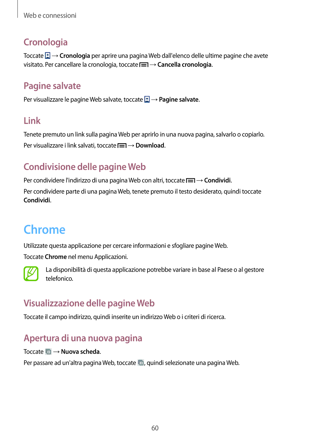 Samsung GT-I8200RWAITV, GT-I8200RWAXEO manual Chrome, Cronologia, Pagine salvate, Link, Condivisione delle pagine Web 