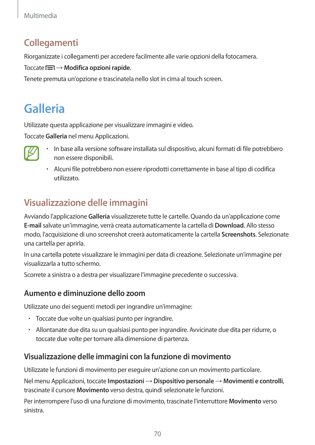 Samsung GT-I8200RWAXEO manual Galleria, Collegamenti, Visualizzazione delle immagini, Aumento e diminuzione dello zoom 