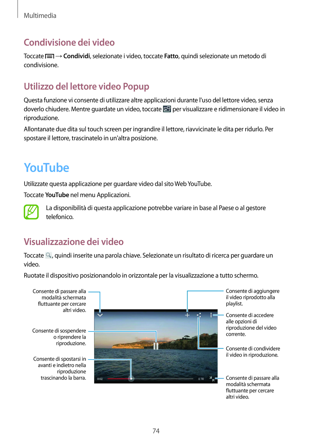 Samsung GT-I8200RWAITV manual YouTube, Condivisione dei video, Utilizzo del lettore video Popup, Visualizzazione dei video 