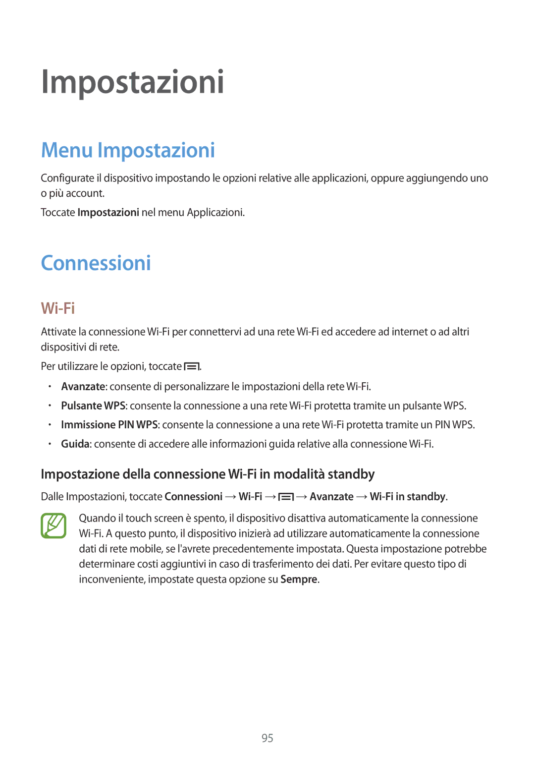 Samsung GT-I8200RWAITV Menu Impostazioni, Connessioni, Impostazione della connessione Wi-Fi in modalità standby 