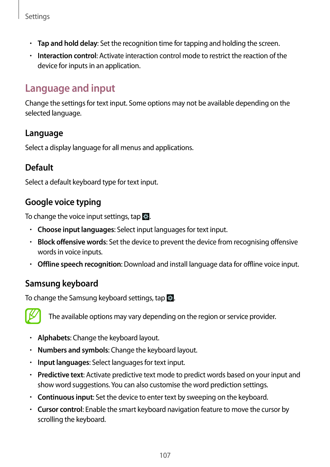 Samsung GT2I8200OKNORX, GT-I8200ZNNDBT, GT-I8200OKNVIT Language and input, Default, Google voice typing, Samsung keyboard 