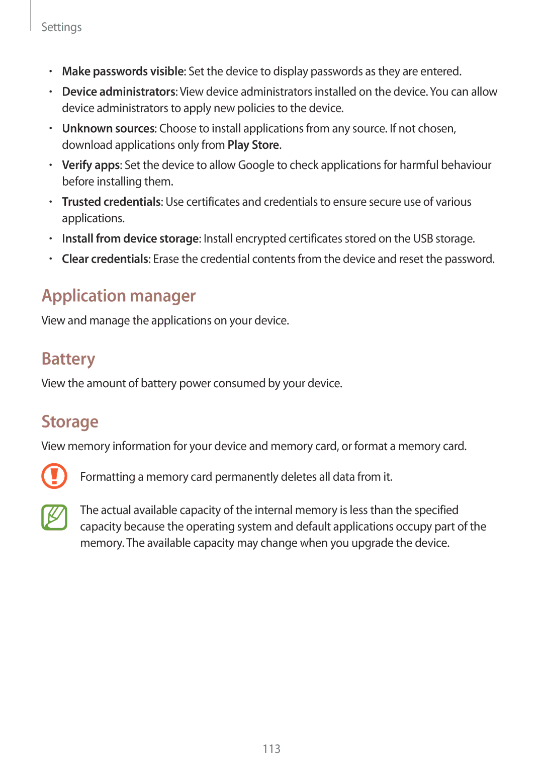 Samsung GT-I8200OKNVDH, GT-I8200ZNNDBT, GT-I8200OKNVIT, GT-I8200MBNTCL, GT-I8200MBNDBT Application manager, Battery, Storage 