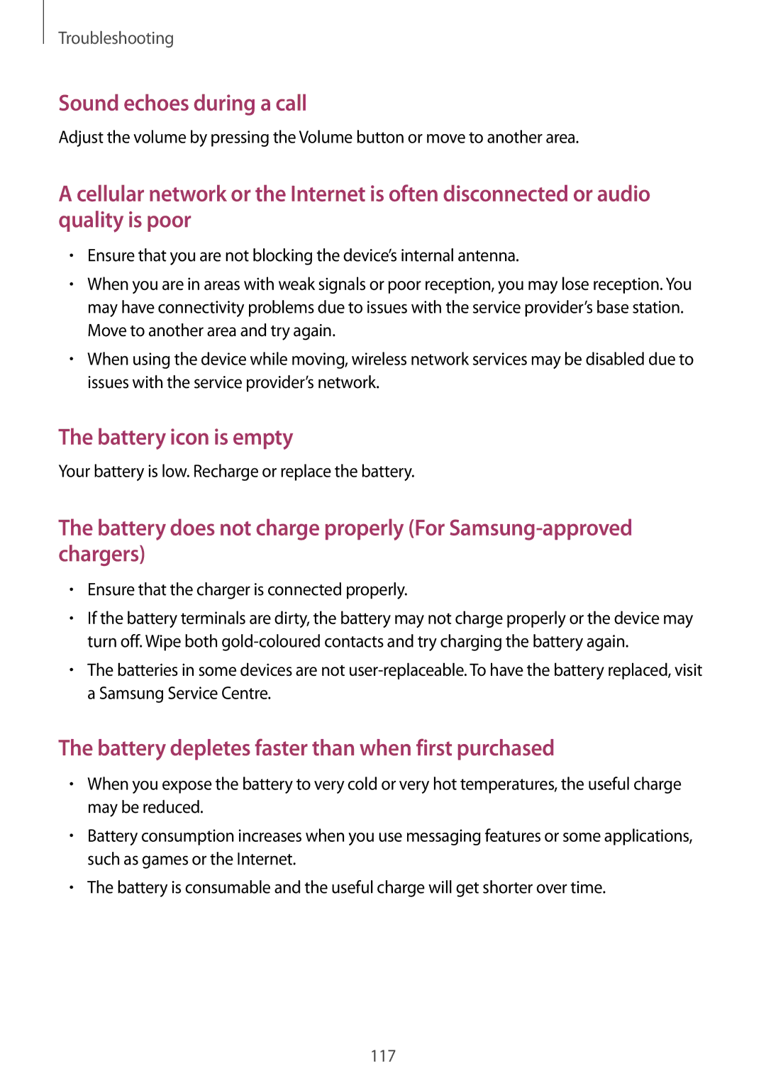 Samsung GT-I8200MBNPHN, GT-I8200ZNNDBT, GT-I8200OKNVIT, GT-I8200MBNTCL, GT-I8200MBNDBT manual Sound echoes during a call 