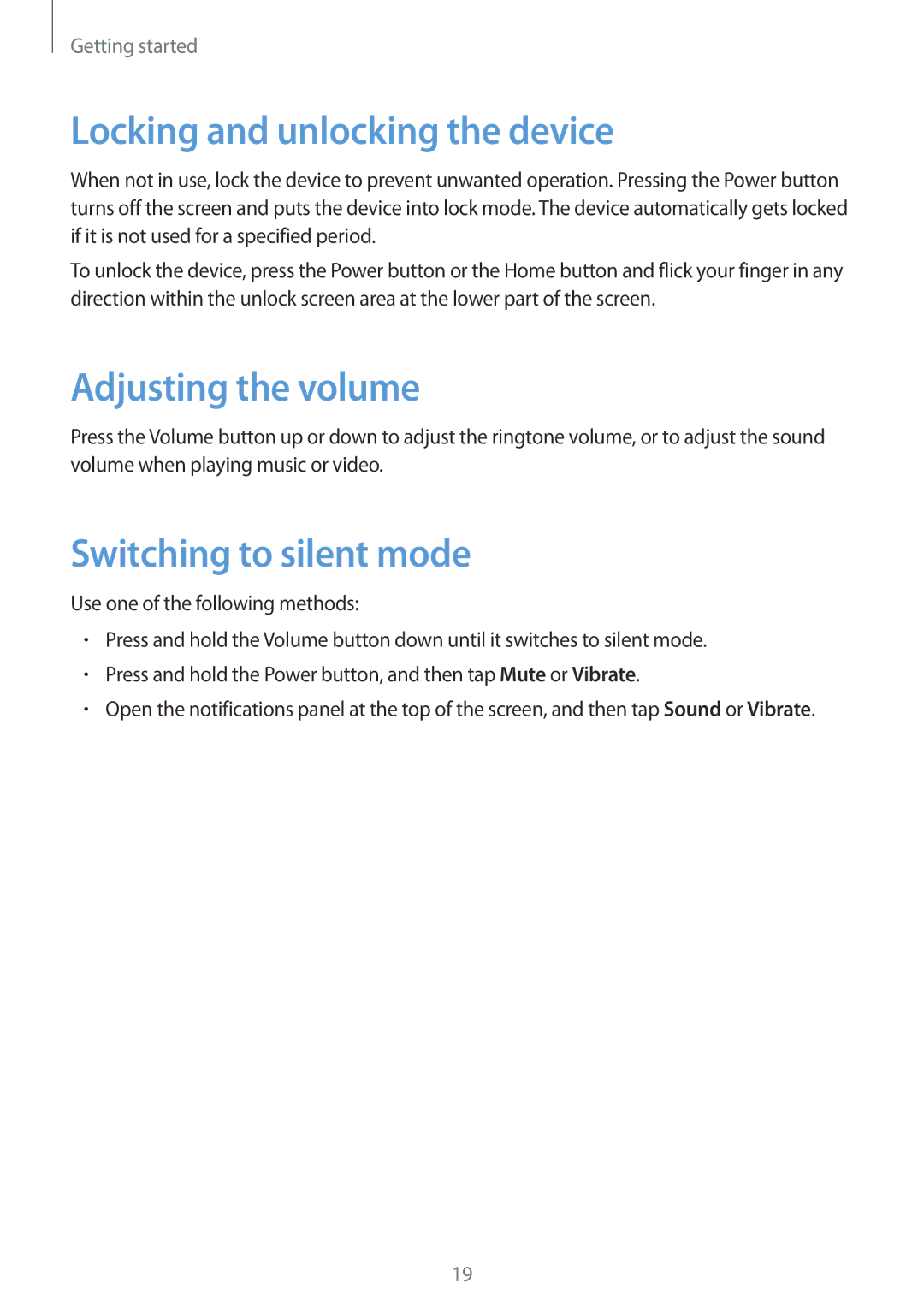 Samsung GT2I8200MBNDBT, GT-I8200ZNNDBT Locking and unlocking the device, Adjusting the volume, Switching to silent mode 