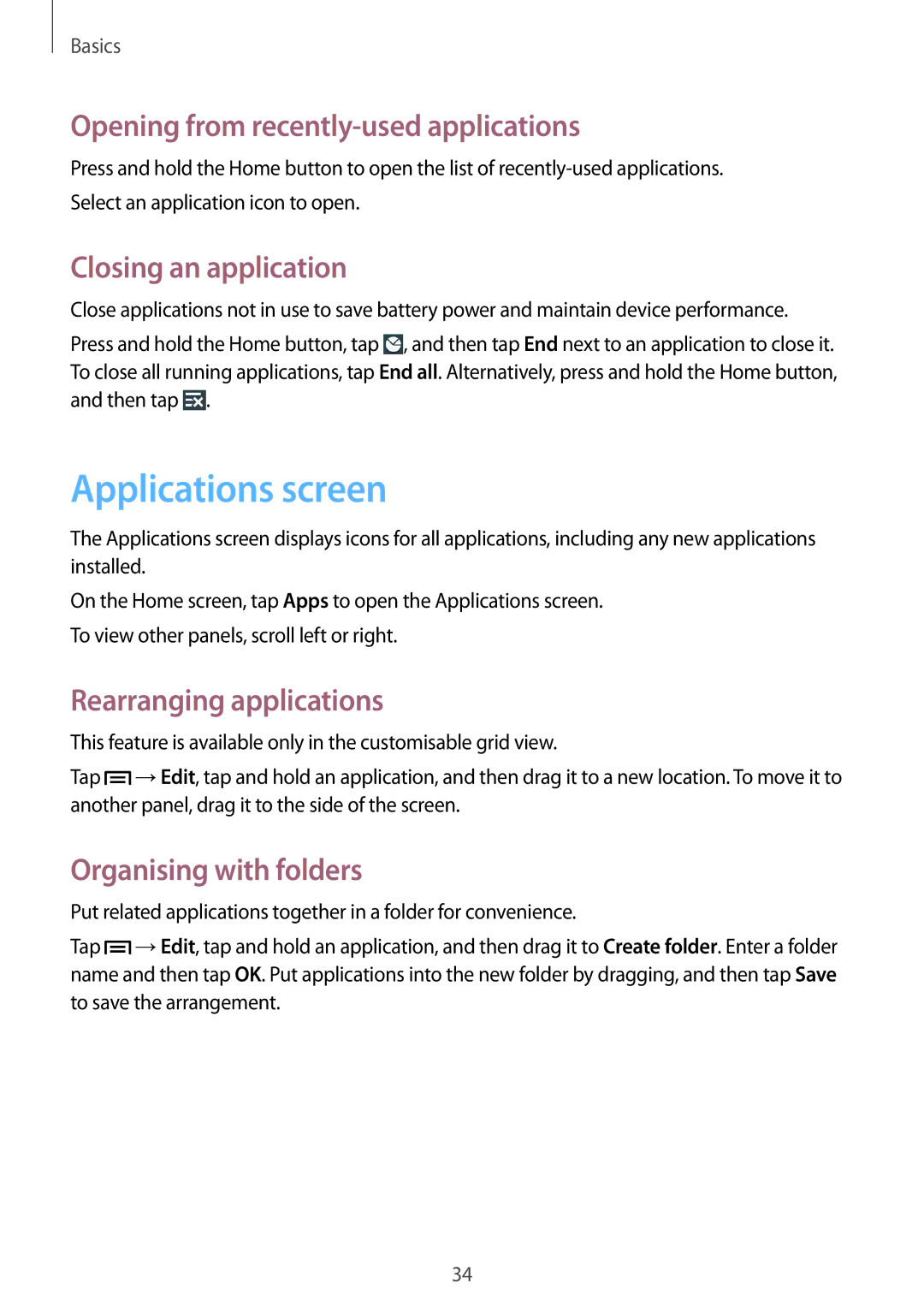 Samsung GT-I8200MBNAUT manual Applications screen, Opening from recently-used applications, Closing an application 