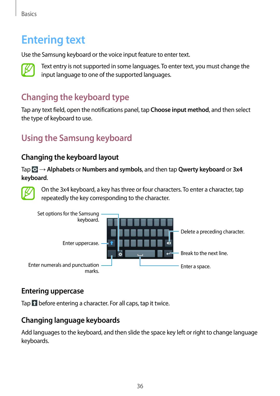 Samsung GT2I8200RWNORX, GT-I8200ZNNDBT manual Entering text, Changing the keyboard type, Using the Samsung keyboard 