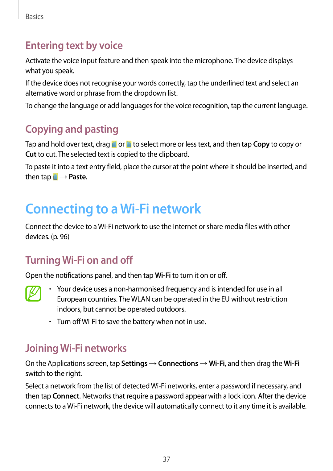 Samsung GT2I8200ZNNXEH Connecting to a Wi-Fi network, Entering text by voice, Copying and pasting, Joining Wi-Fi networks 