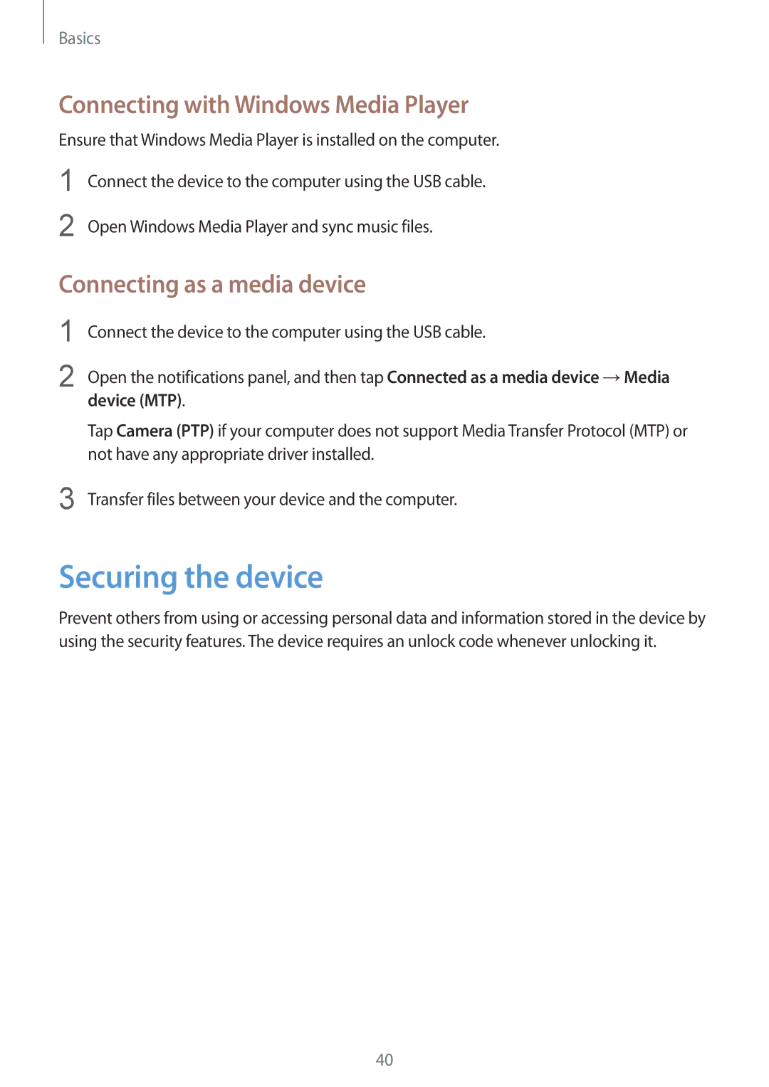 Samsung GT-I8200RWNORX Securing the device, Connecting with Windows Media Player, Connecting as a media device, Device MTP 