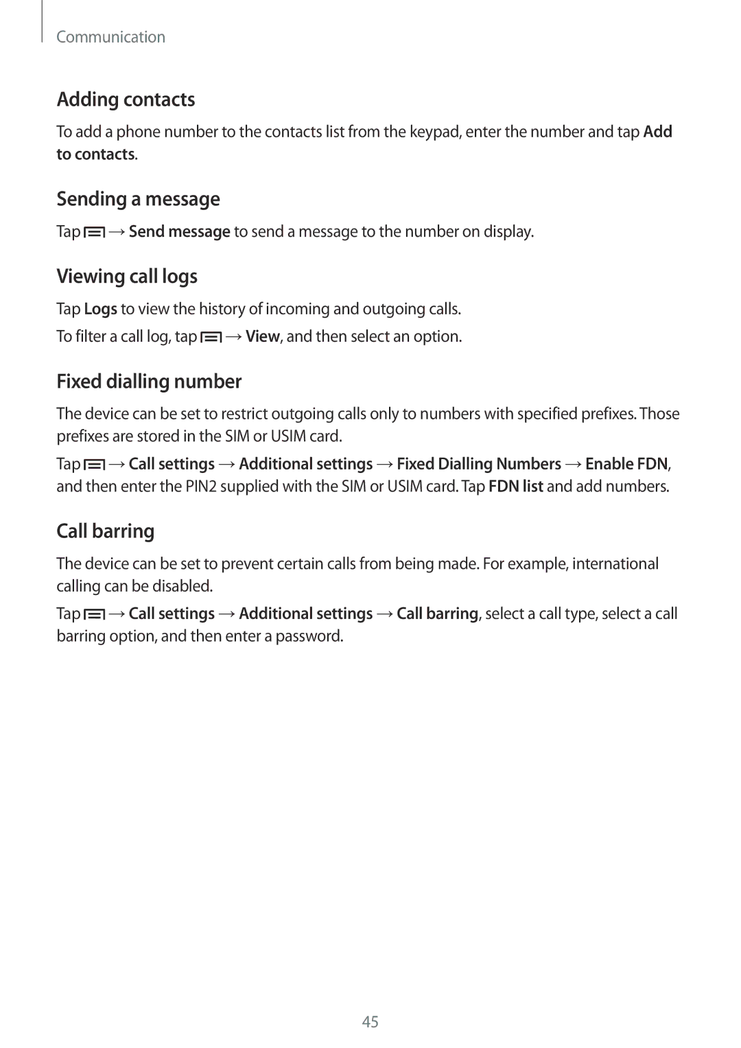 Samsung GT2I8200RWNXEH manual Adding contacts, Sending a message, Viewing call logs, Fixed dialling number, Call barring 