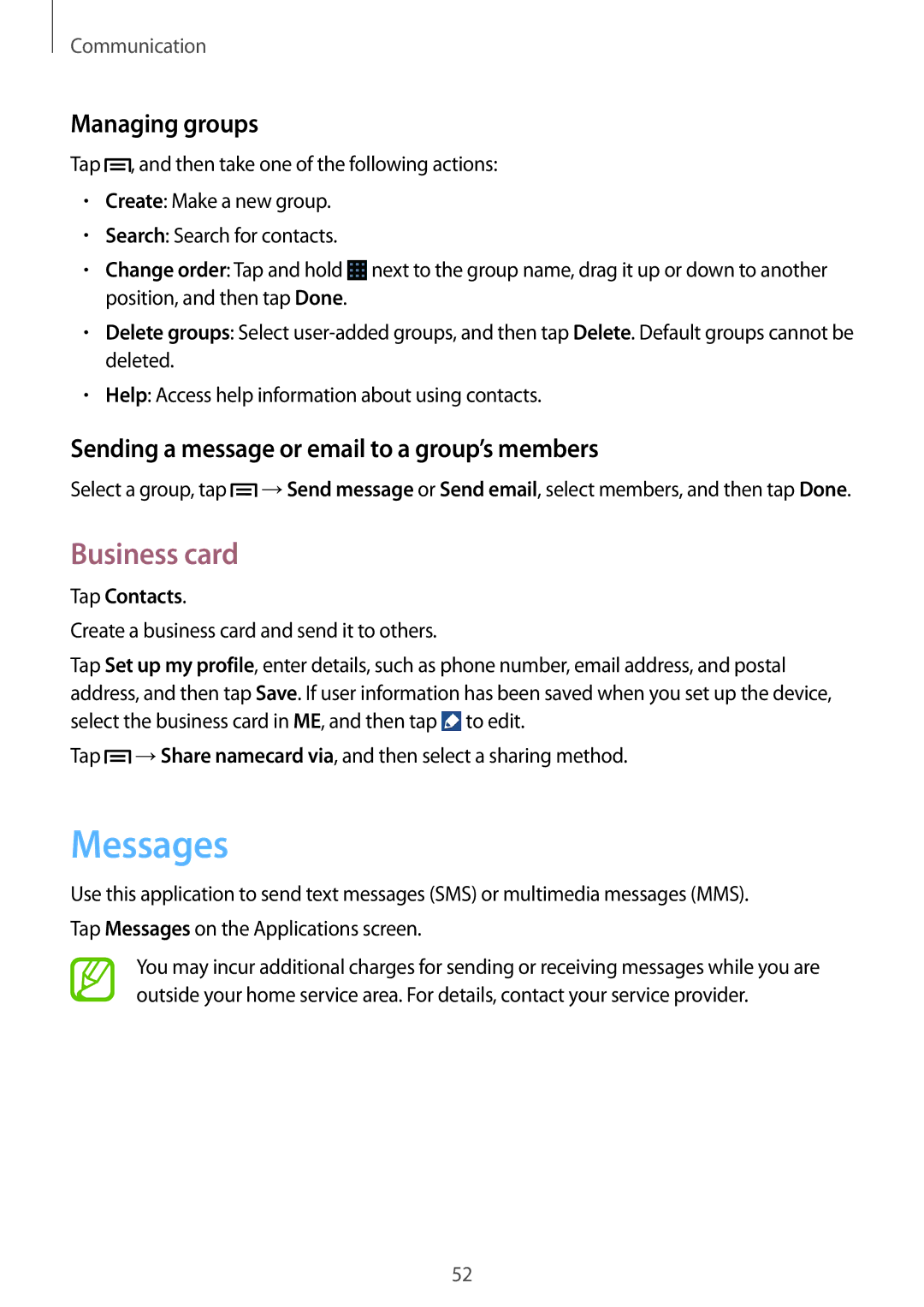 Samsung GT-I8200OKNVDH manual Messages, Business card, Managing groups, Sending a message or email to a group’s members 