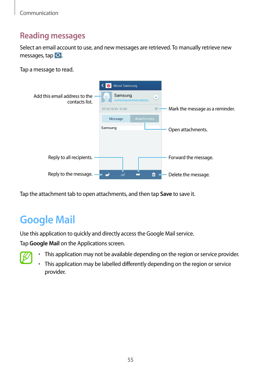 Samsung GT-I8200MBNVDC, GT-I8200ZNNDBT, GT-I8200OKNVIT, GT-I8200MBNTCL, GT-I8200MBNDBT manual Google Mail, Reading messages 