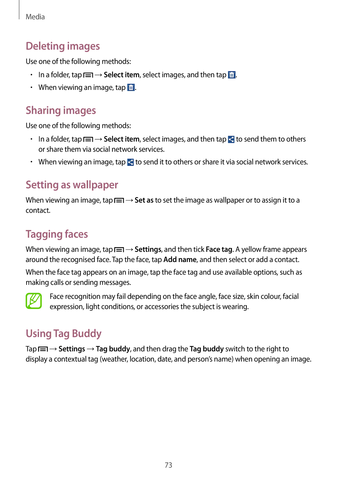Samsung GT-I8200MBNDTR manual Deleting images, Sharing images, Setting as wallpaper, Tagging faces, Using Tag Buddy 