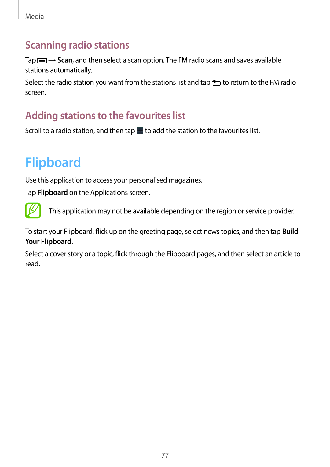 Samsung GT-I8200RWNVIA, GT-I8200ZNNDBT manual Flipboard, Scanning radio stations, Adding stations to the favourites list 