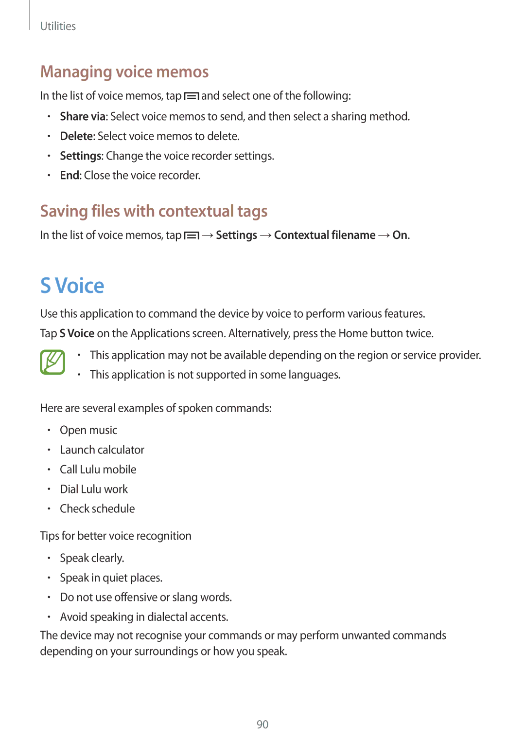 Samsung GT-I8200OKNORX, GT-I8200ZNNDBT, GT-I8200OKNVIT manual Voice, Managing voice memos, Saving files with contextual tags 