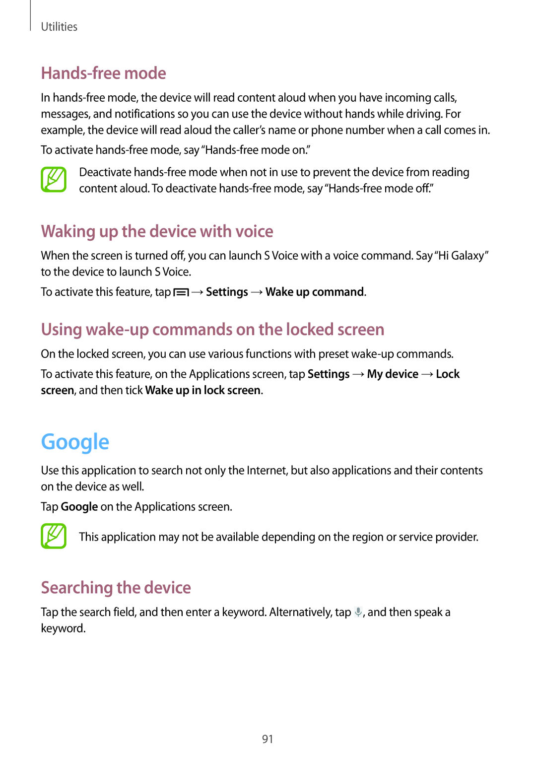 Samsung GT-I8200TANORX, GT-I8200ZNNDBT manual Google, Hands-free mode, Waking up the device with voice, Searching the device 