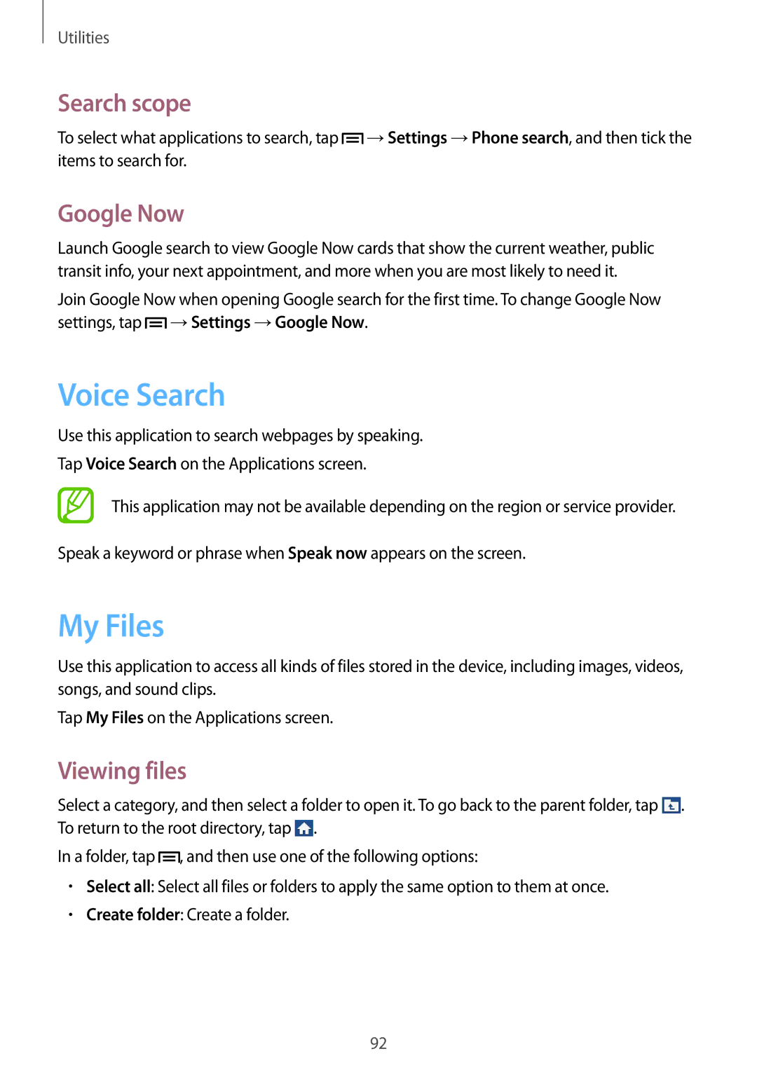 Samsung GT2I8200TANORX, GT-I8200ZNNDBT, GT-I8200OKNVIT manual Voice Search, My Files, Search scope, Google Now, Viewing files 