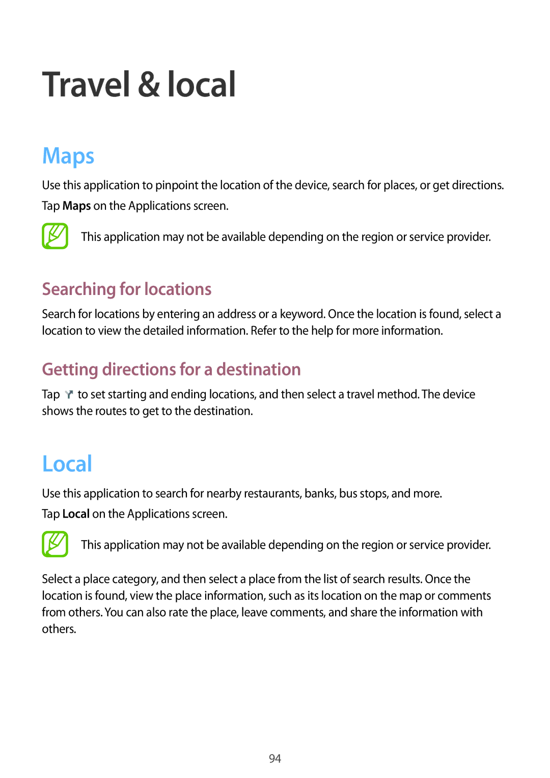 Samsung GT-I8200MBNORX manual Travel & local, Maps, Local, Searching for locations, Getting directions for a destination 