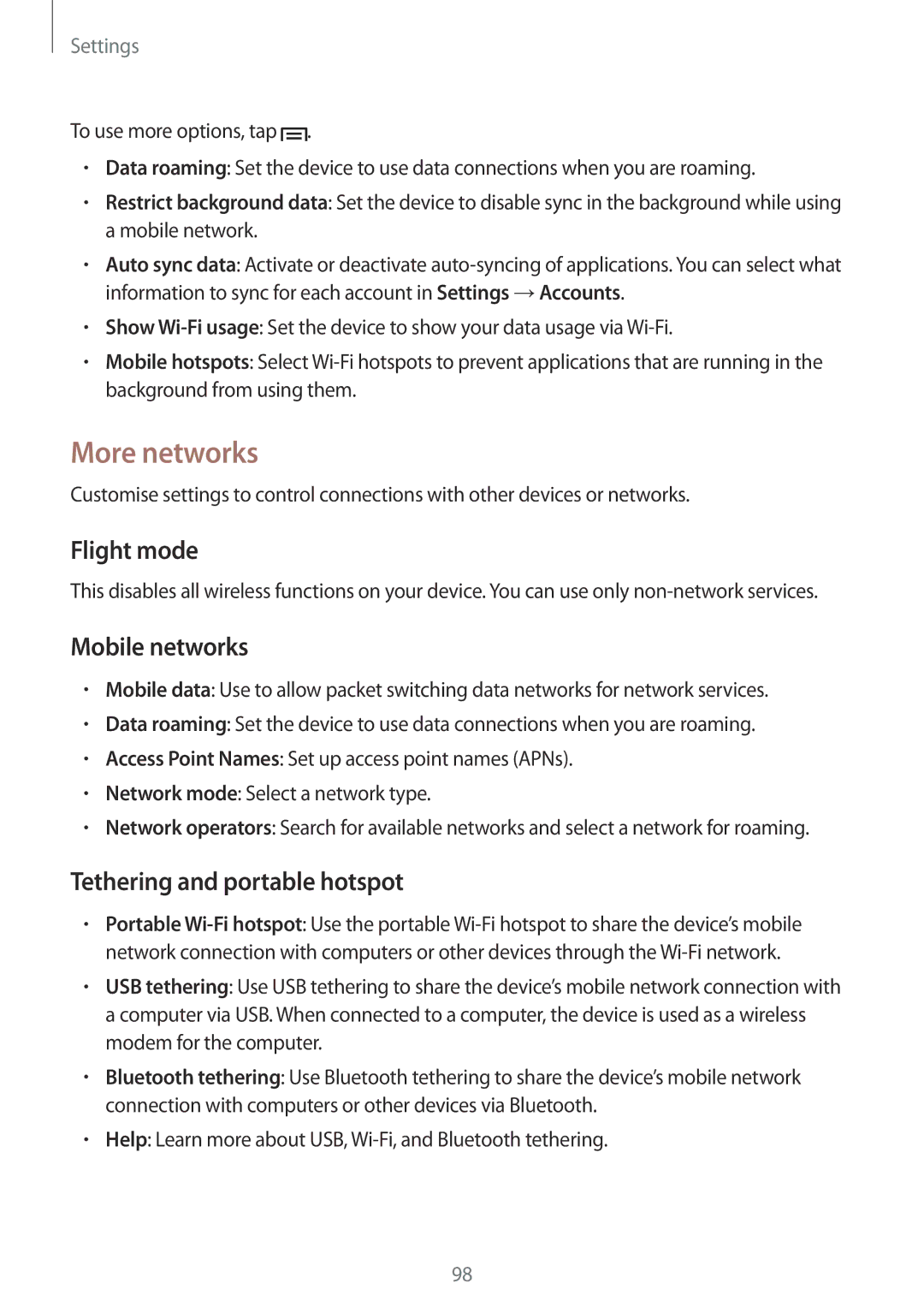 Samsung GT2I8200ZNNXEH, GT-I8200ZNNDBT manual More networks, Flight mode, Mobile networks, Tethering and portable hotspot 