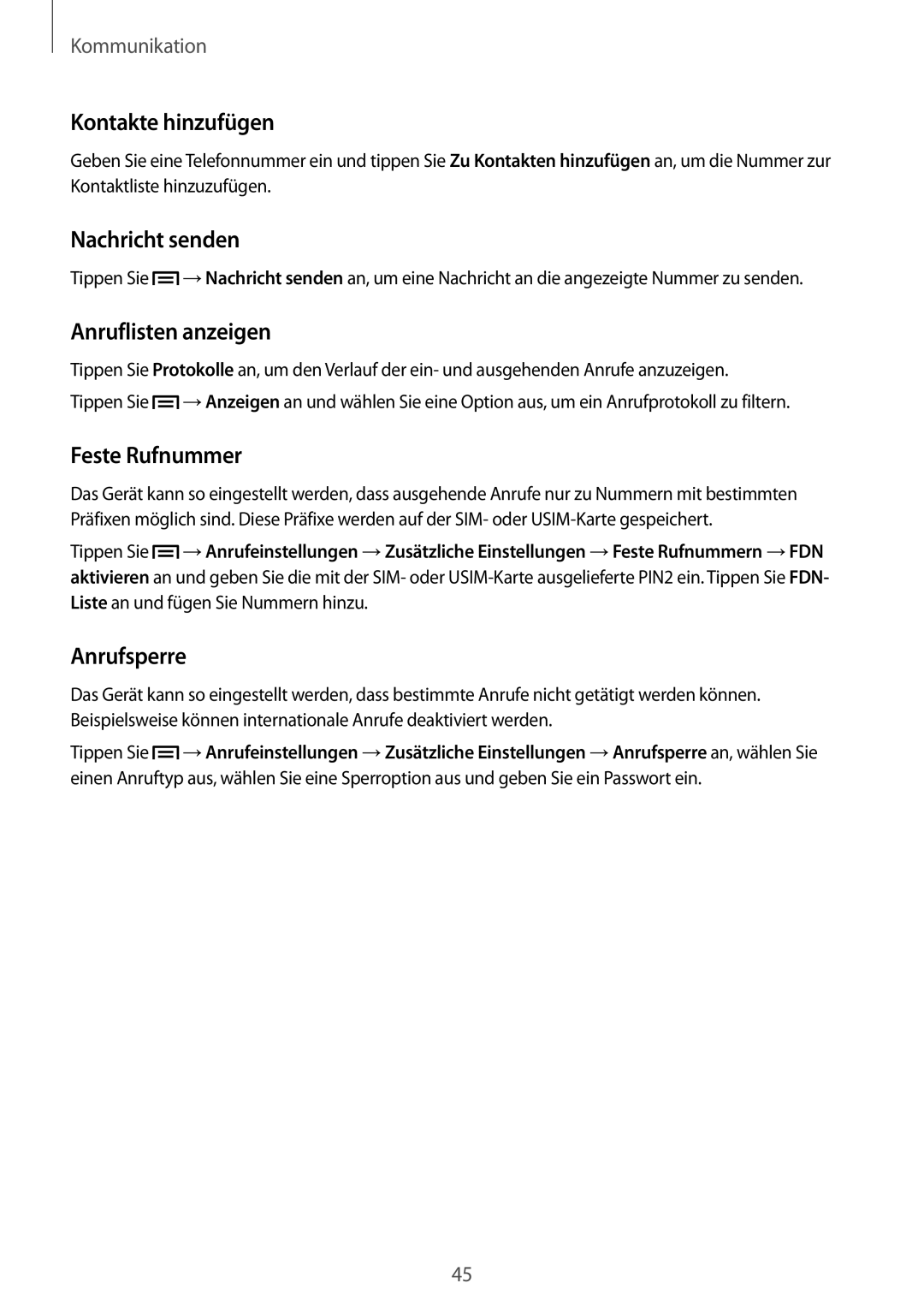 Samsung GT-I8200MBNDBT manual Kontakte hinzufügen, Nachricht senden, Anruflisten anzeigen, Feste Rufnummer, Anrufsperre 