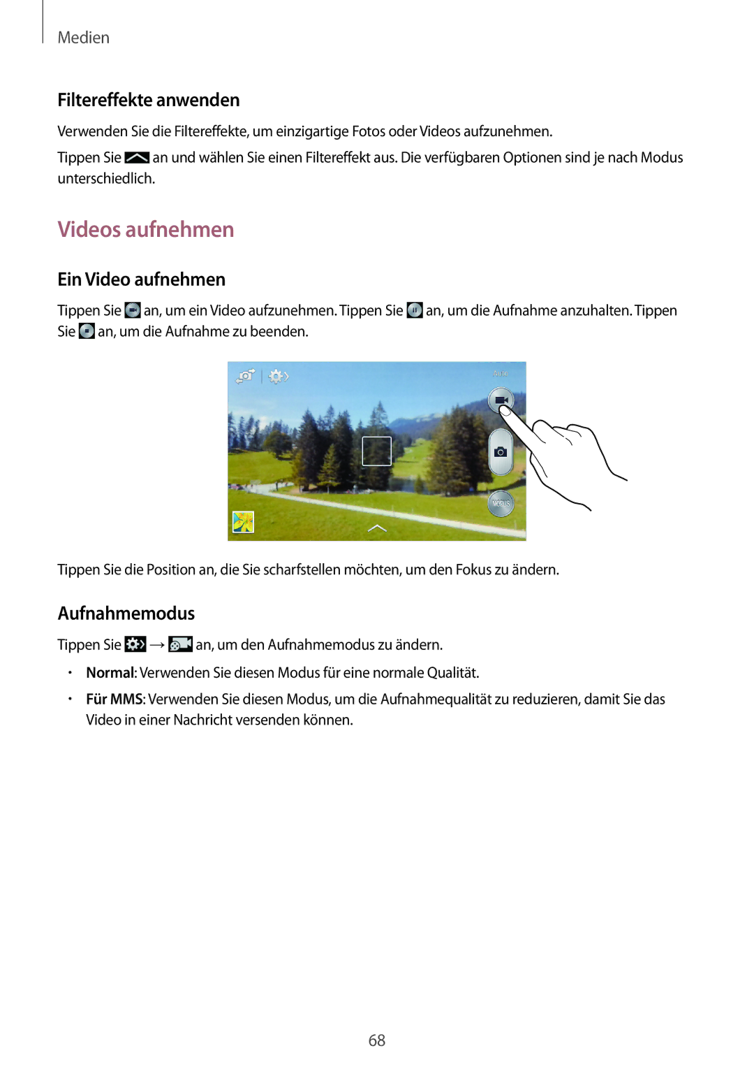 Samsung GT2I8200RWNDBT, GT-I8200ZNNDBT, GT-I8200OKNVIT manual Videos aufnehmen, Filtereffekte anwenden, Ein Video aufnehmen 