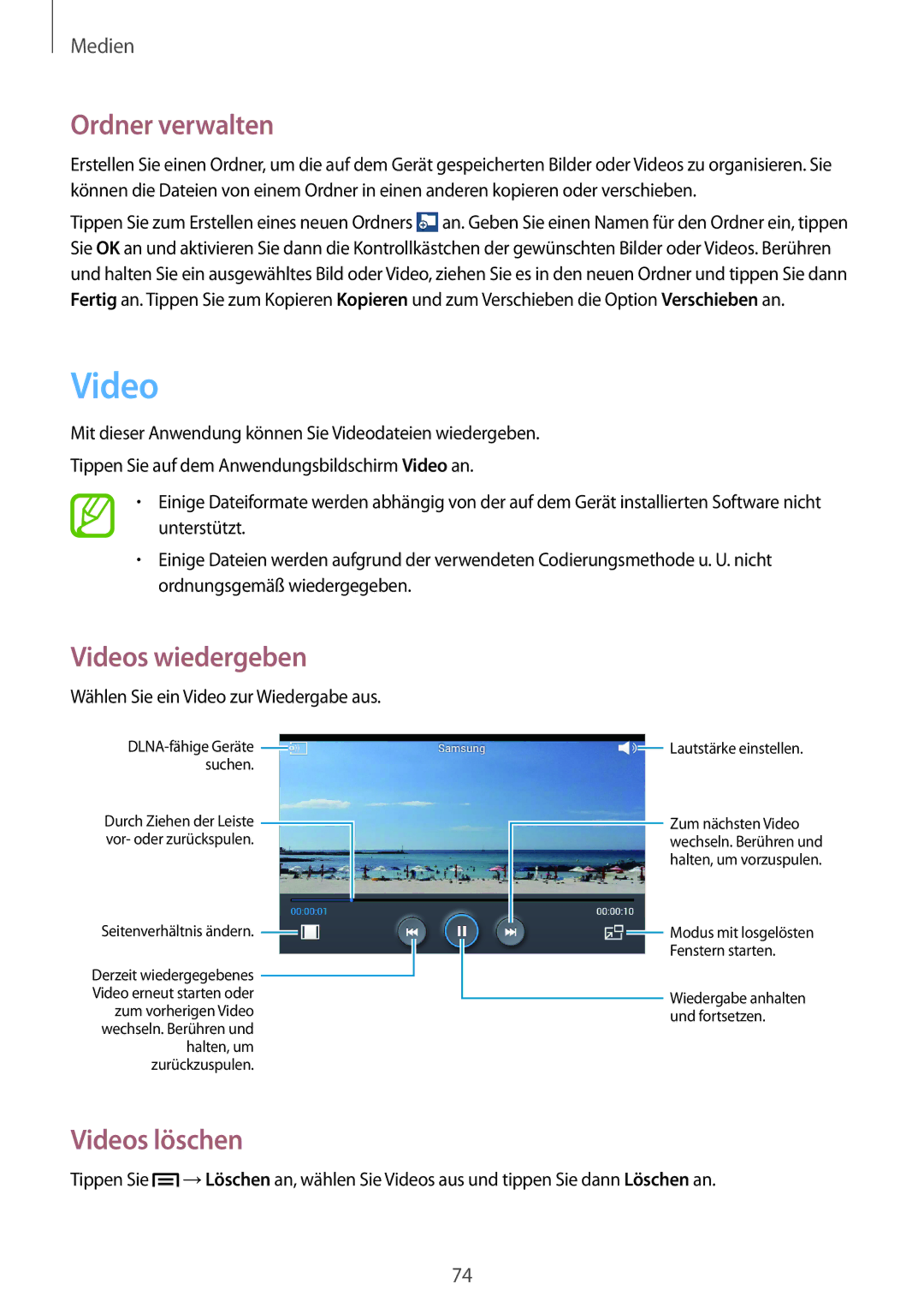 Samsung GT-I8200MBNVD2, GT-I8200ZNNDBT, GT-I8200OKNVIT, GT-I8200MBNTCL, GT-I8200MBNDBT, GT2I8200ZNNDBT manual Videos löschen 