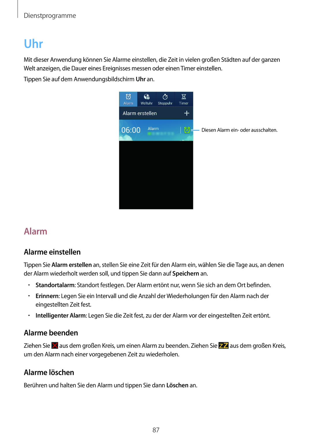 Samsung GT-I8200MBNDBT, GT-I8200ZNNDBT, GT-I8200OKNVIT manual Uhr, Alarme einstellen, Alarme beenden, Alarme löschen 