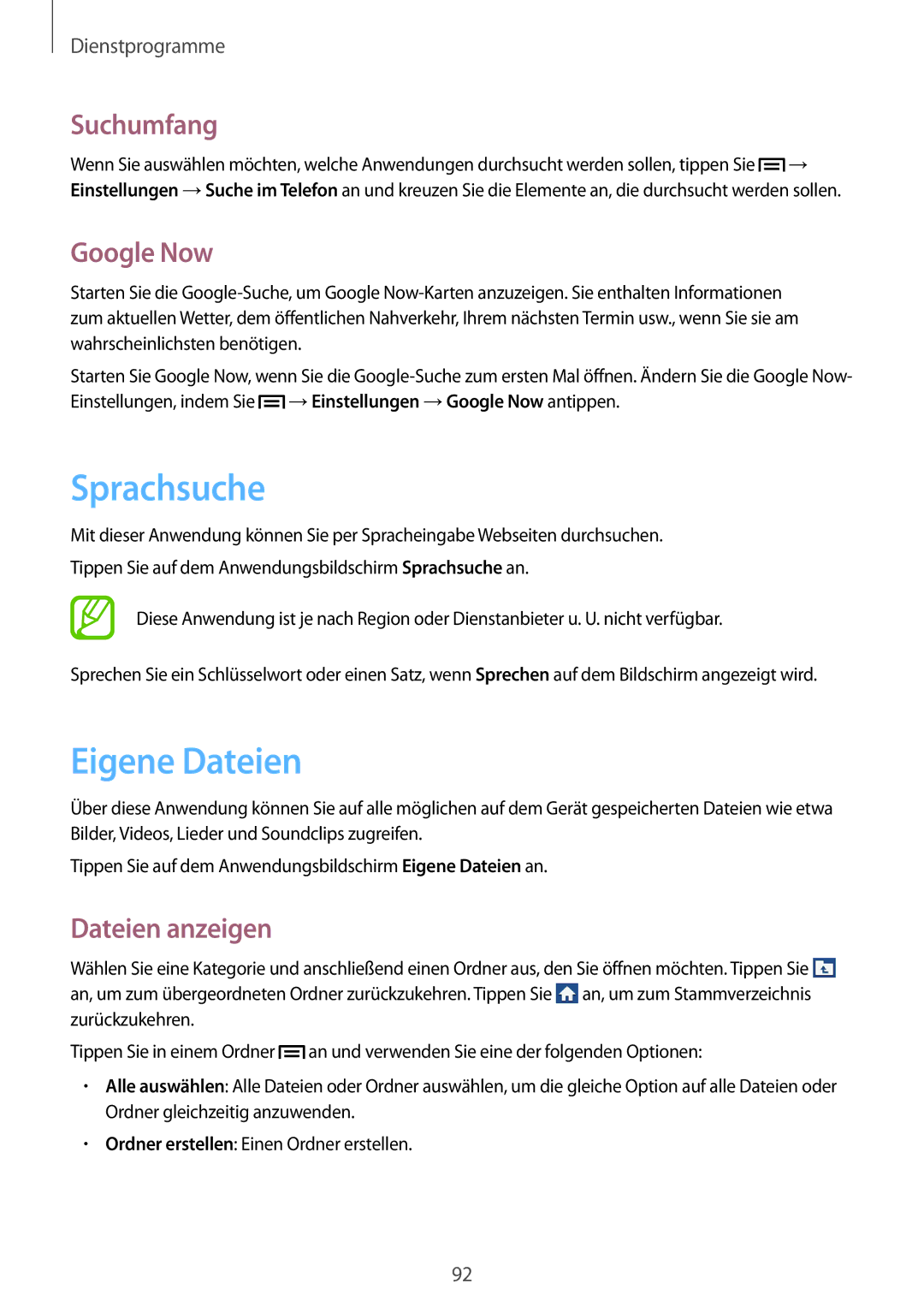 Samsung GT-I8200RWNVIT, GT-I8200ZNNDBT manual Sprachsuche, Eigene Dateien, Suchumfang, Google Now, Dateien anzeigen 