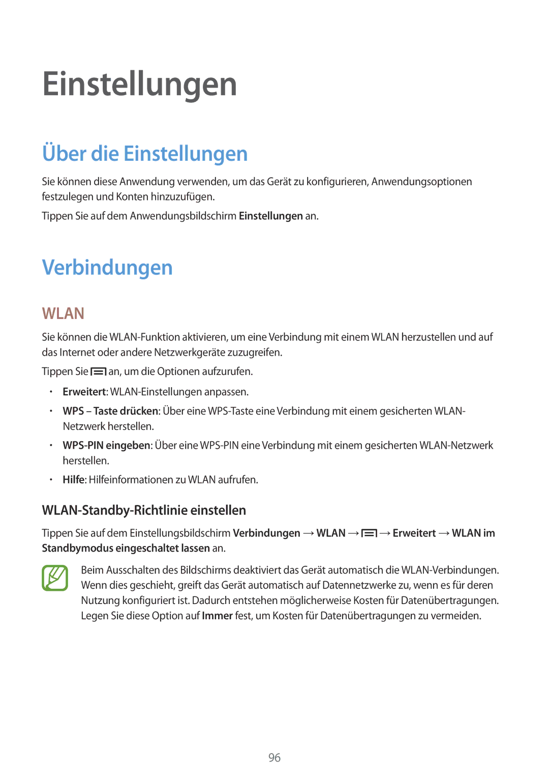 Samsung GT-I8200MBNDTR, GT-I8200ZNNDBT manual Über die Einstellungen, Verbindungen, WLAN-Standby-Richtlinie einstellen 