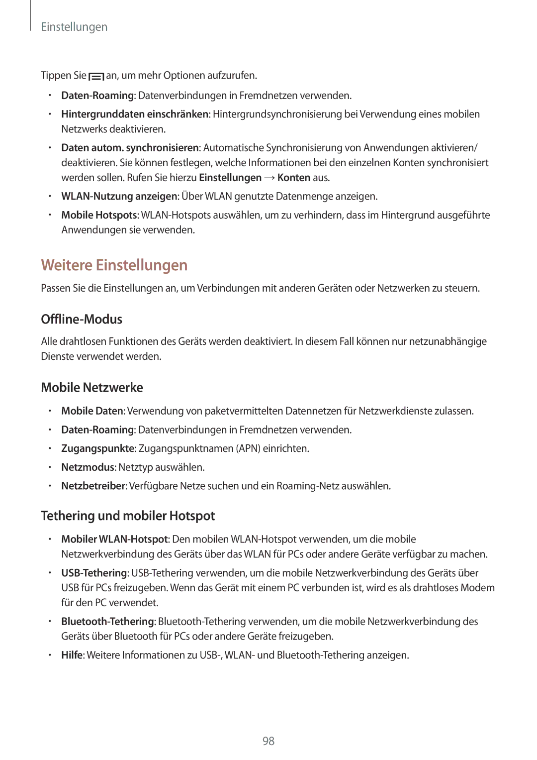 Samsung GT-I8200RWNDBT manual Weitere Einstellungen, Offline-Modus, Mobile Netzwerke, Tethering und mobiler Hotspot 