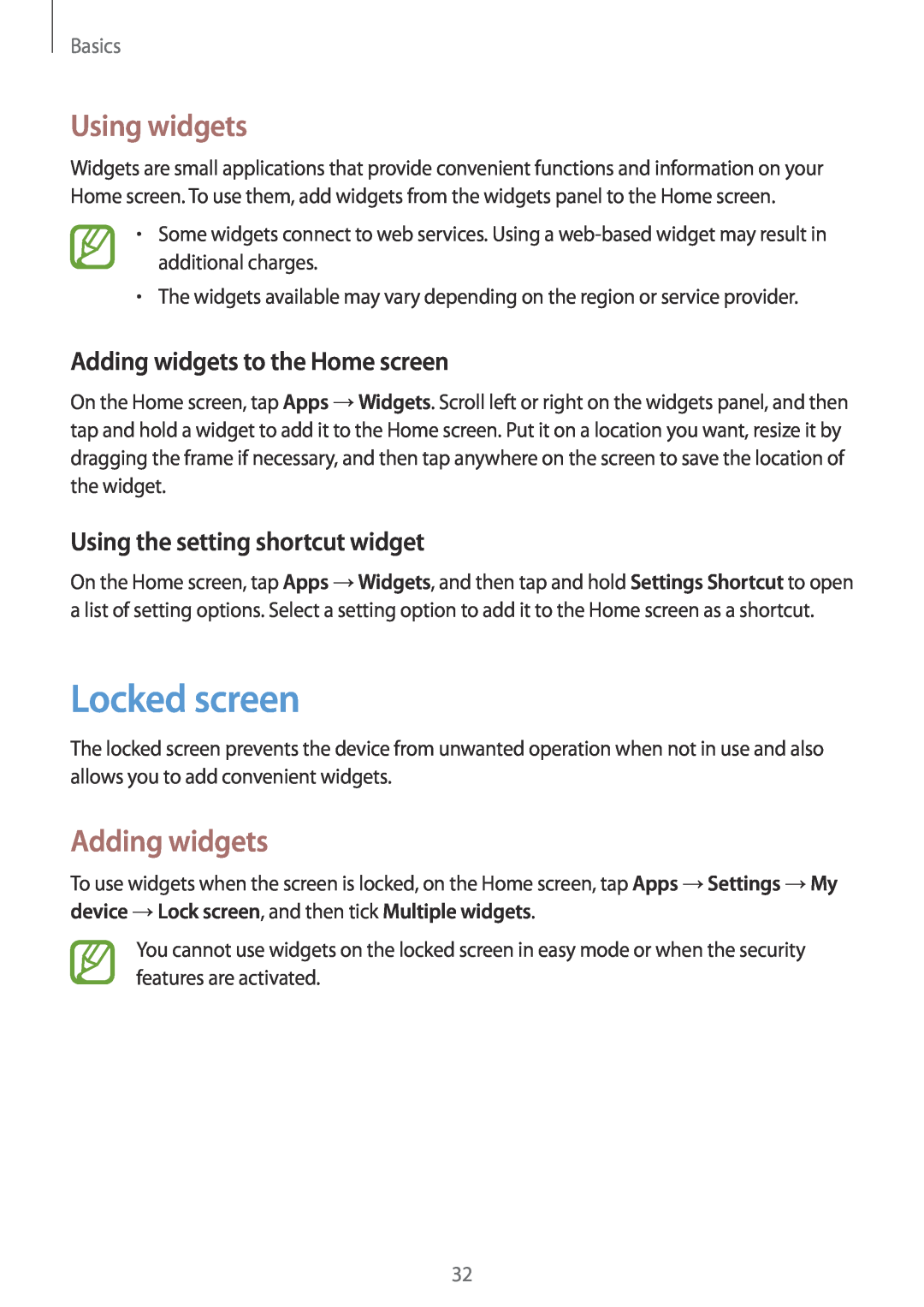 Samsung GT2I8200OKNXEH, GT-I8200ZNNDBT manual Locked screen, Using widgets, Adding widgets to the Home screen, Basics 
