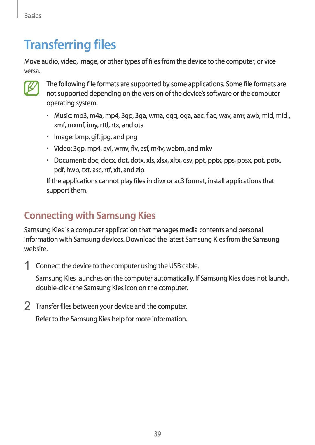 Samsung GT-I8200ZNNXEH, GT-I8200ZNNDBT, GT-I8200OKNVIT manual Transferring files, Connecting with Samsung Kies, Basics 