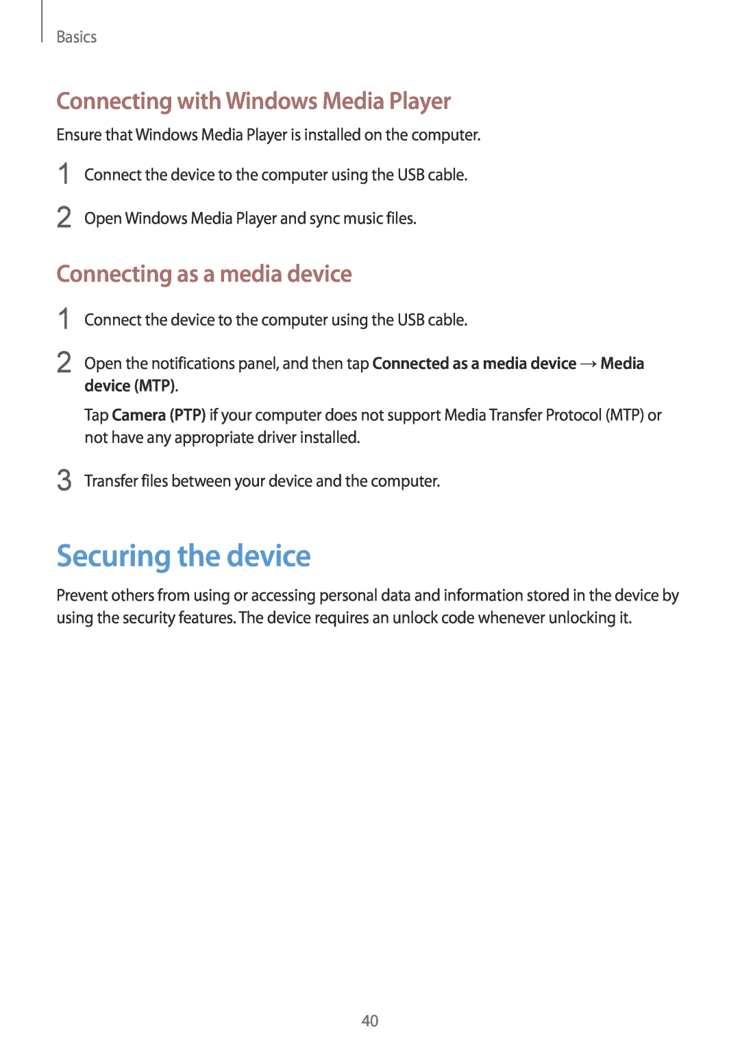 Samsung GT-I8200RWNORX Securing the device, Connecting with Windows Media Player, Connecting as a media device, device MTP 