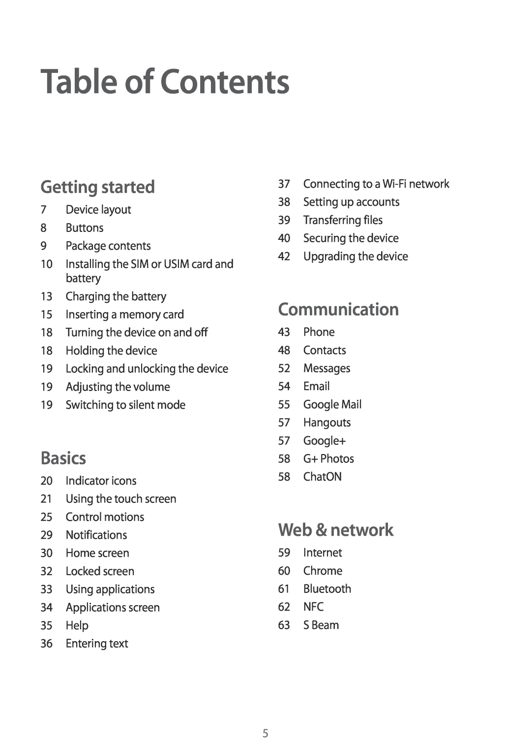 Samsung GT2I8200RWNDBT, GT-I8200ZNNDBT manual Table of Contents, Getting started, Basics, Communication, Web & network 