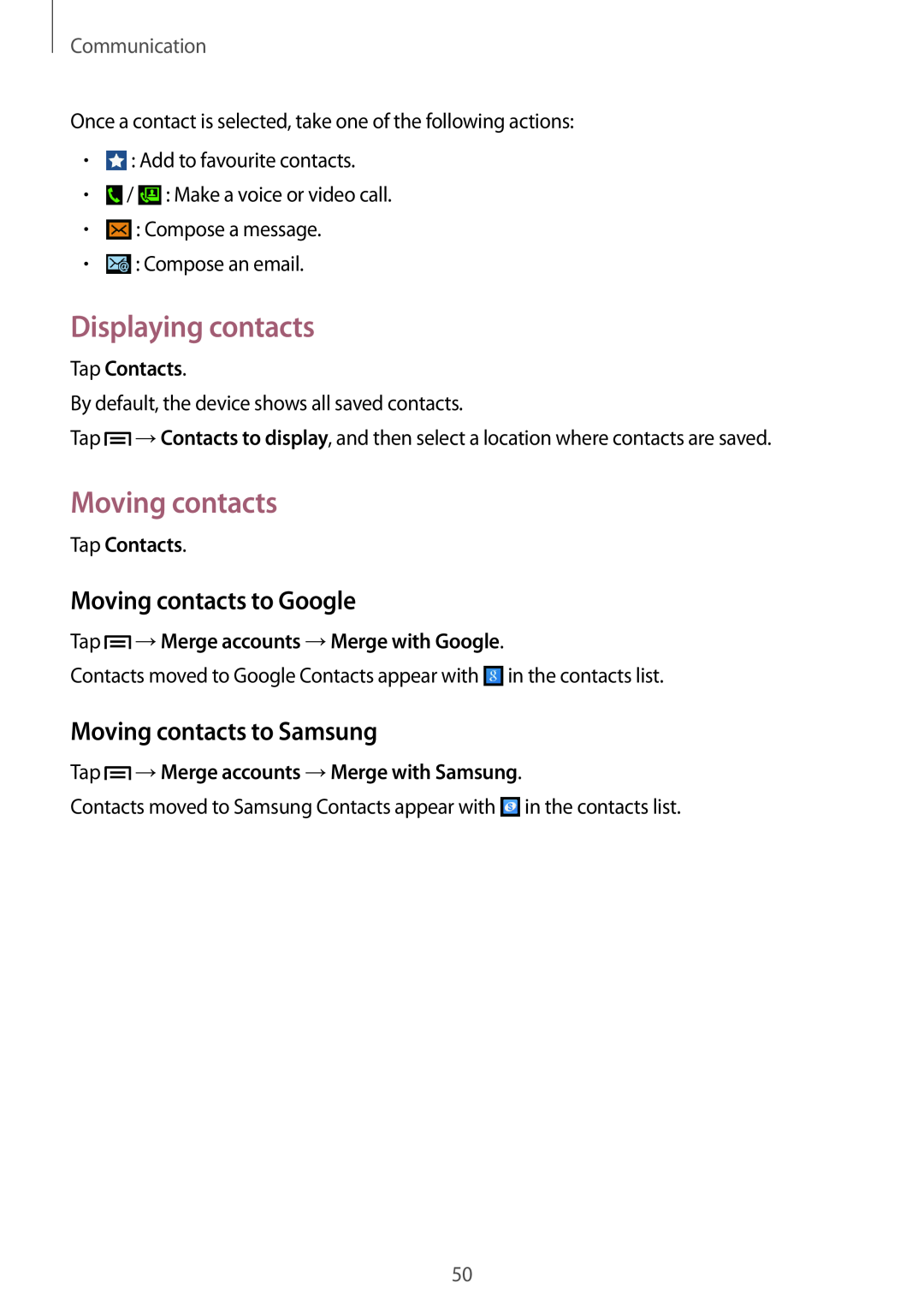 Samsung GT-I8200RWNAUT manual Displaying contacts, Moving contacts to Google, Moving contacts to Samsung, Communication 