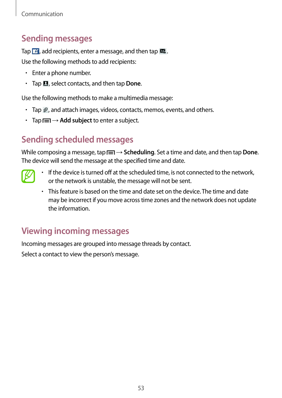 Samsung GT-I8200OKNETL manual Sending messages, Sending scheduled messages, Viewing incoming messages, Communication 