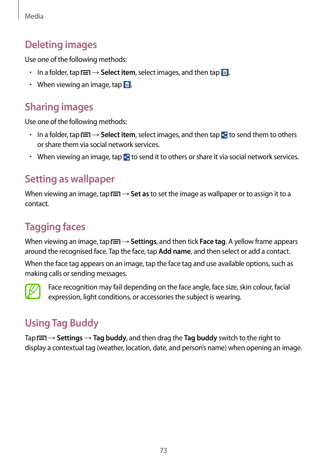 Samsung GT-I8200MBNDTR manual Deleting images, Sharing images, Setting as wallpaper, Tagging faces, Using Tag Buddy, Media 