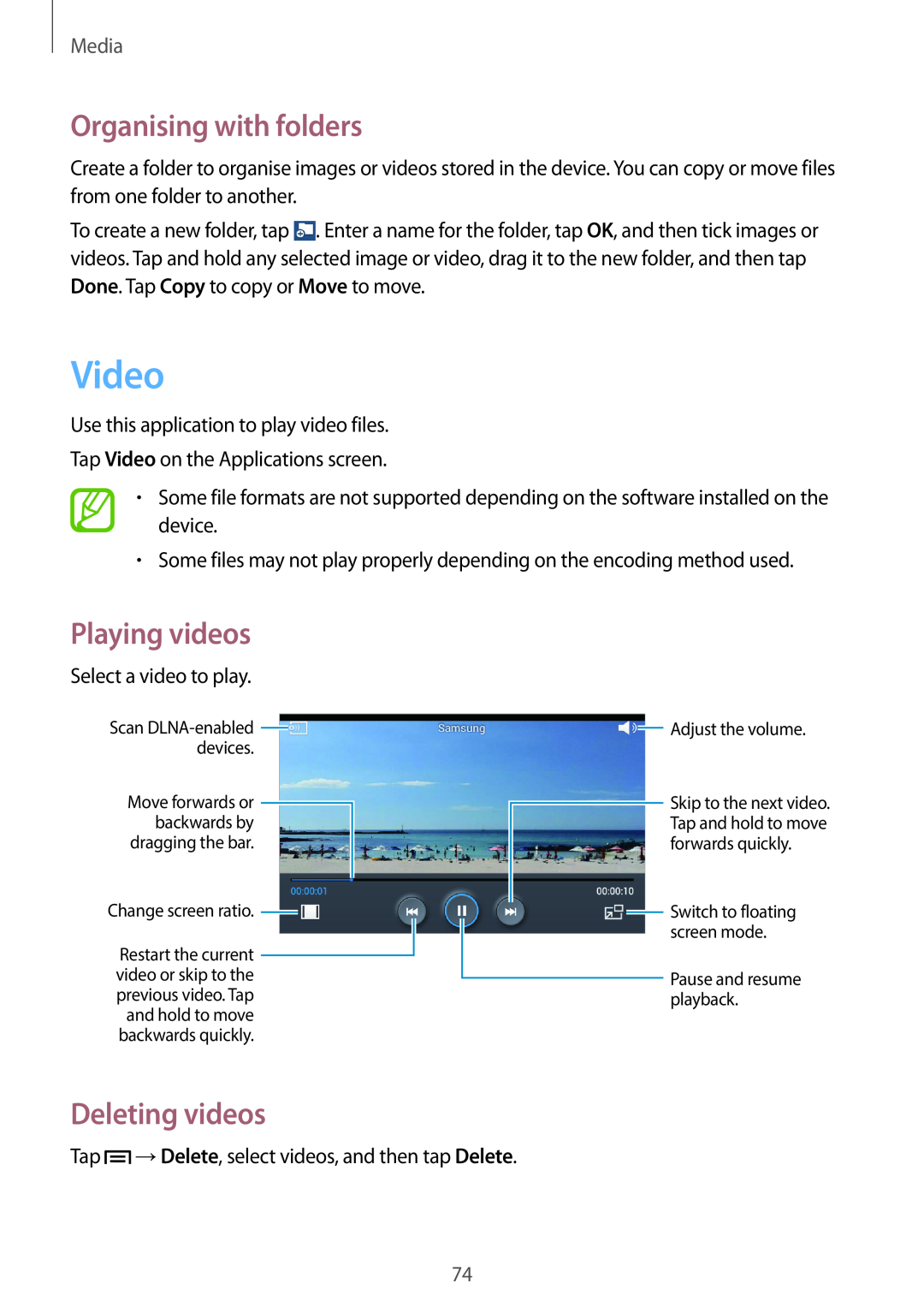 Samsung GT-I8200RWNTCL, GT-I8200ZNNDBT manual Video, Deleting videos, Organising with folders, Playing videos, Media 
