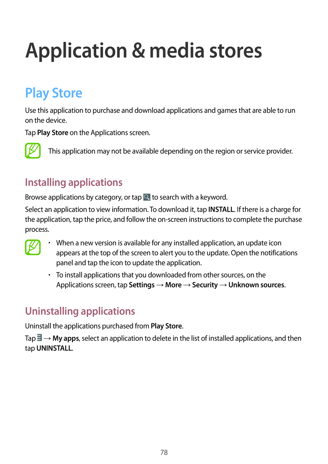 Samsung GT-I8200OKNDBT manual Application & media stores, Play Store, Installing applications, Uninstalling applications 