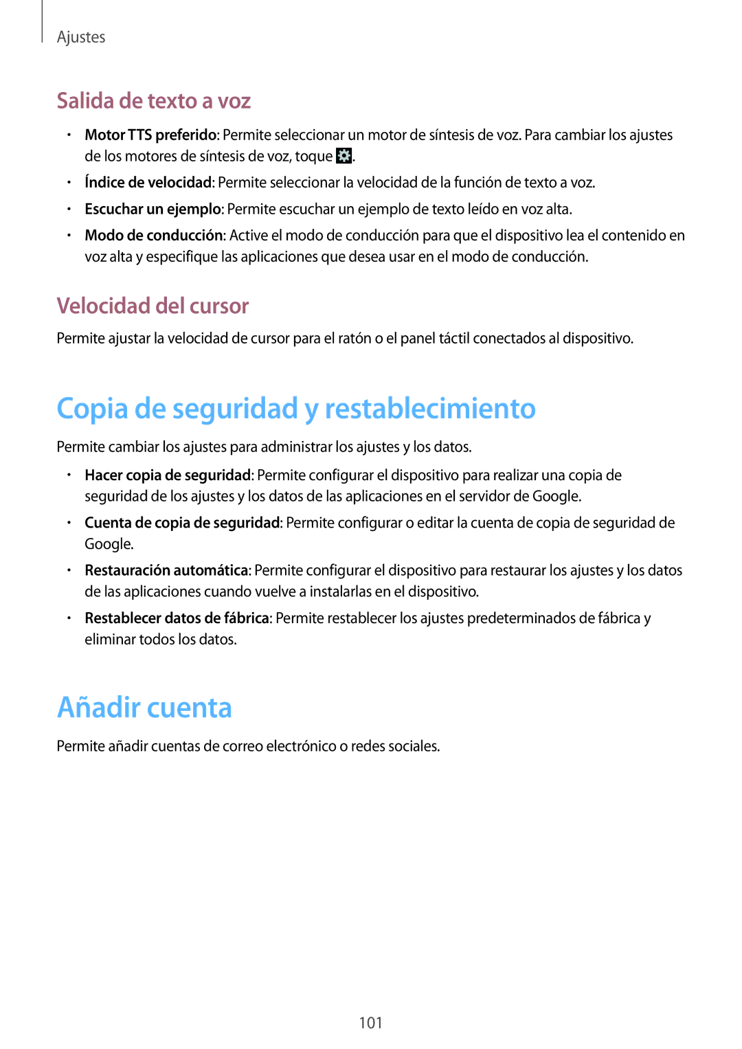 Samsung GT-I8260CWAPHE Copia de seguridad y restablecimiento, Añadir cuenta, Salida de texto a voz, Velocidad del cursor 