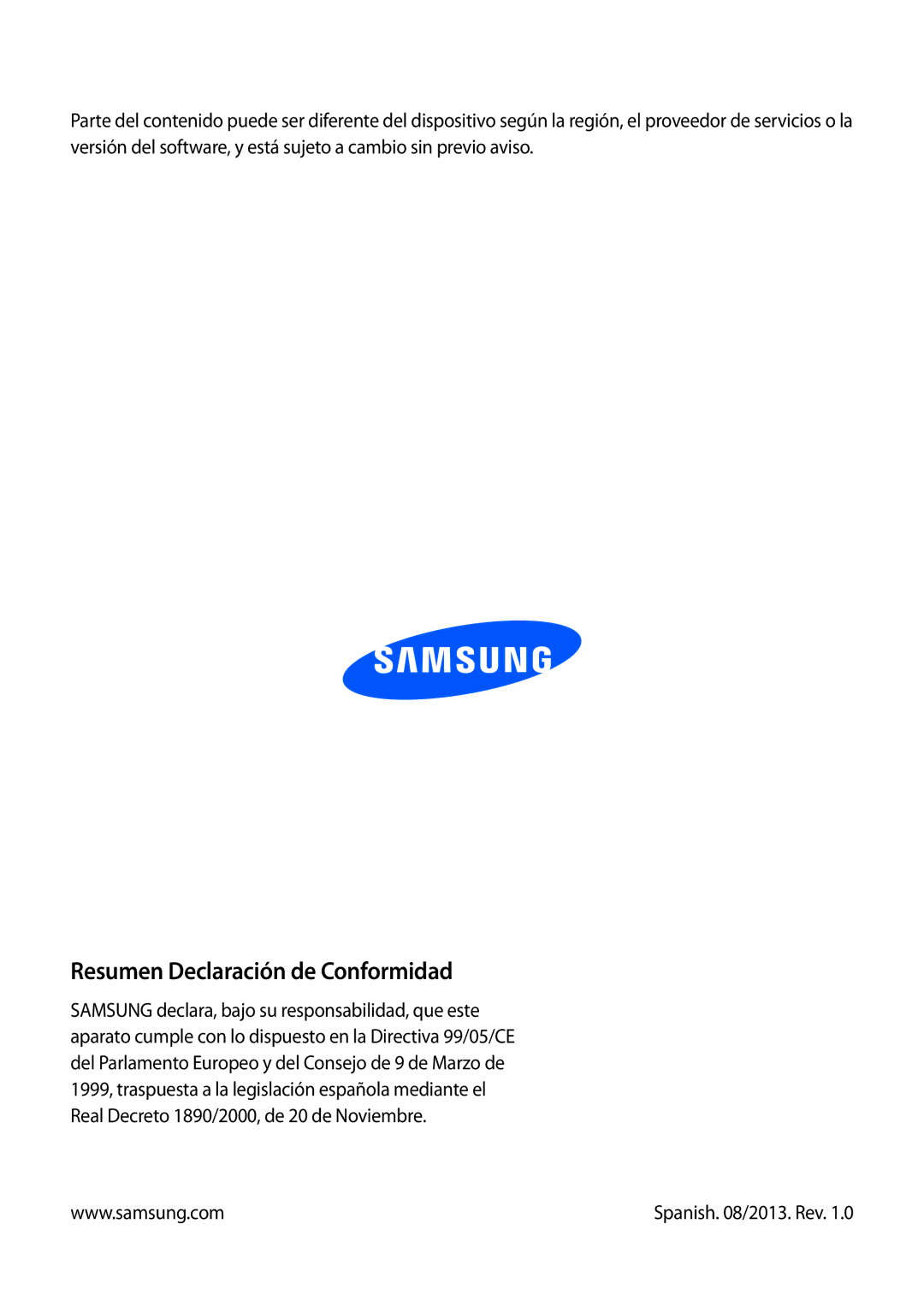 Samsung GT-I8260CWAPHE, GT-I8260MBAPHE, GT-I8260MBASEE, GT-I8260MBASEB, GT-I8260MBAEUR Resumen Declaración de Conformidad 