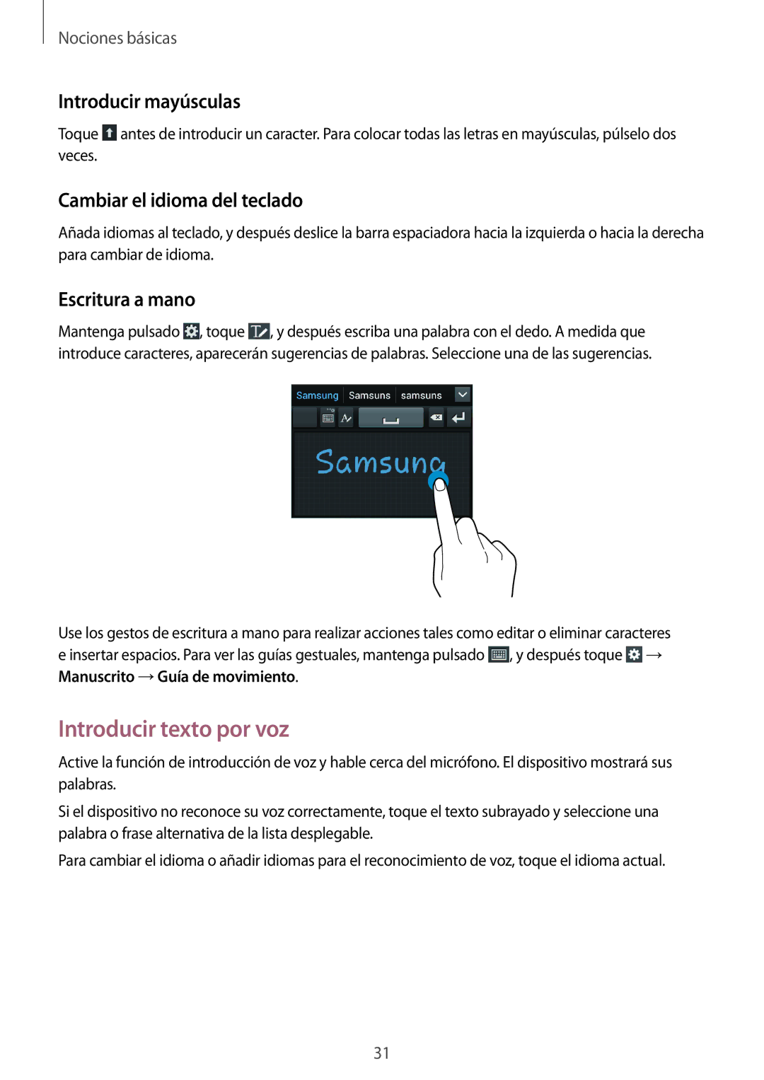 Samsung GT-I8260CWAPHE Introducir texto por voz, Introducir mayúsculas, Cambiar el idioma del teclado, Escritura a mano 