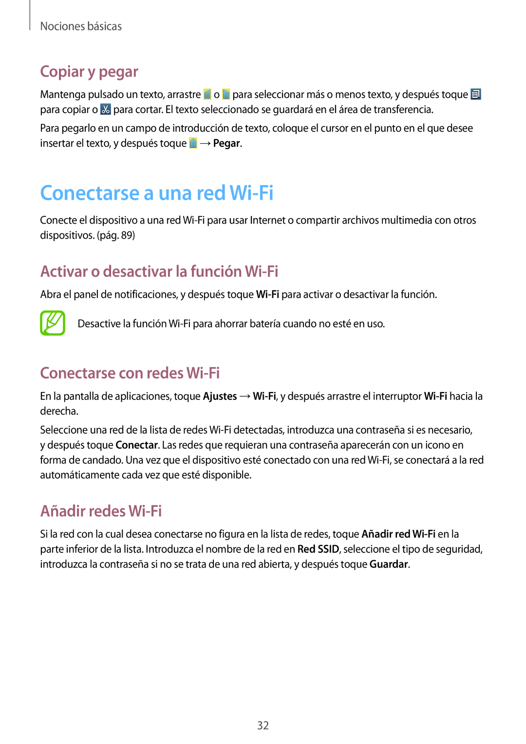 Samsung GT-I8260MBASEE, GT-I8260MBAPHE Conectarse a una red Wi-Fi, Copiar y pegar, Activar o desactivar la función Wi-Fi 