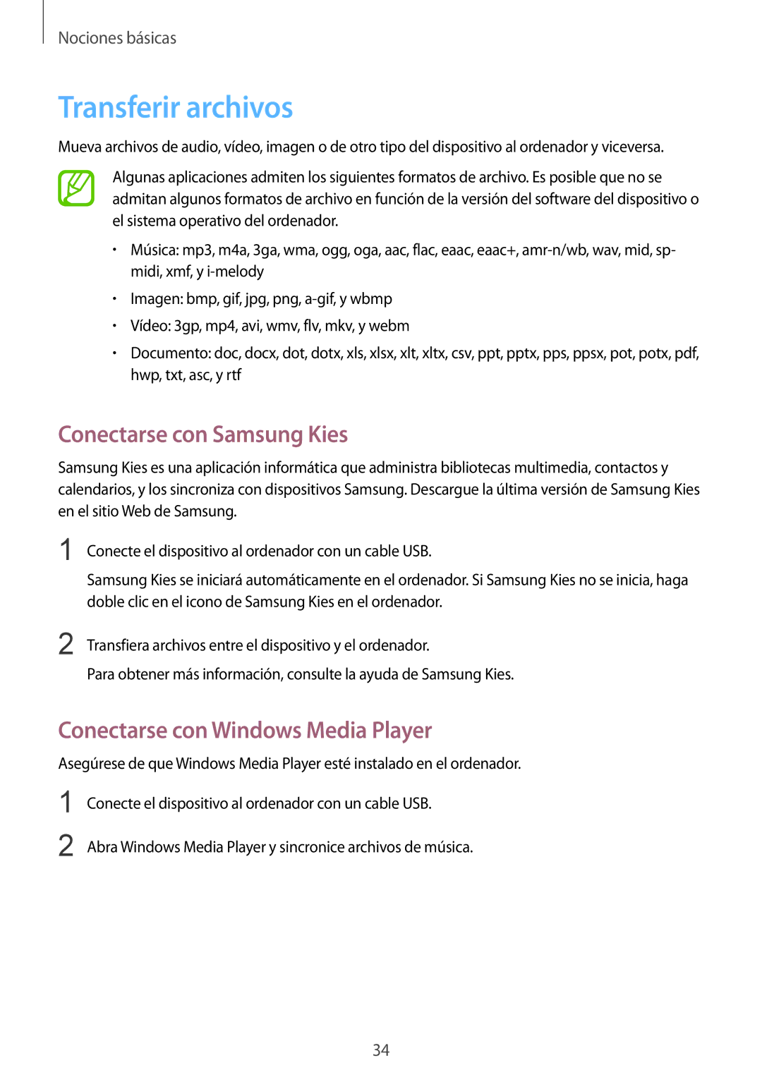 Samsung GT-I8260MBAEUR manual Transferir archivos, Conectarse con Samsung Kies, Conectarse con Windows Media Player 