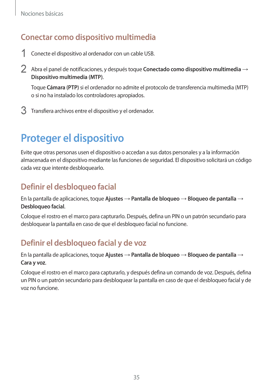 Samsung GT-I8260MBAXEC manual Proteger el dispositivo, Conectar como dispositivo multimedia, Definir el desbloqueo facial 